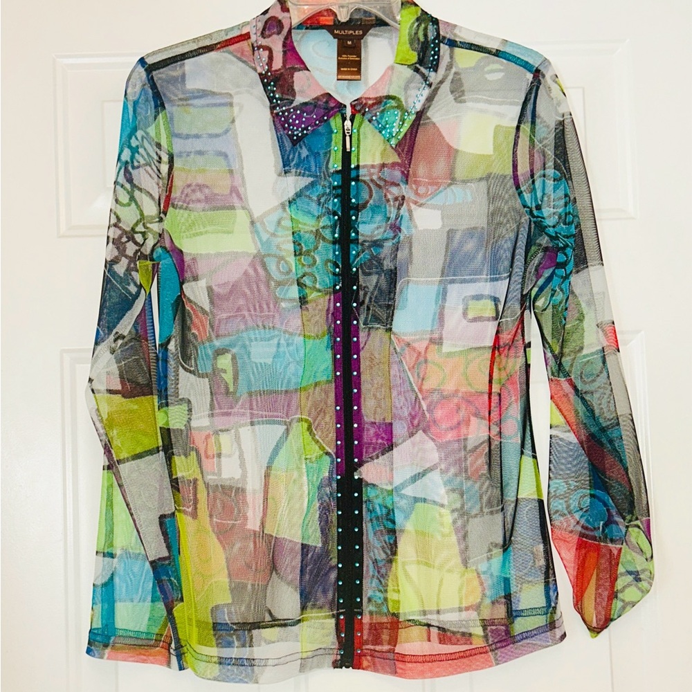 Semi-Sheer Full Zip Shirt M NWOT Colorful Vintage Abstract Wearable Art